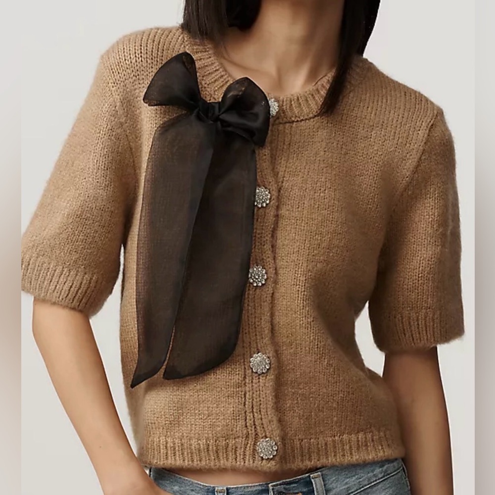 Anthropologie Maeve Short Sleeve Bow Cardigan Sweater Camel Black Size XS New